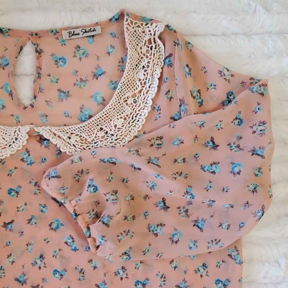 Blue Sketch Semi sheer floral print crochet lacey collar Med. - Picture 3 of 7